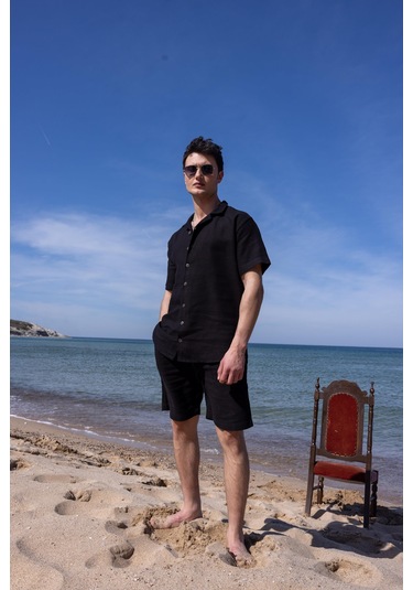 Siyah Renk Gömlek Şort Erkek Keten Takım-1745 Siyah