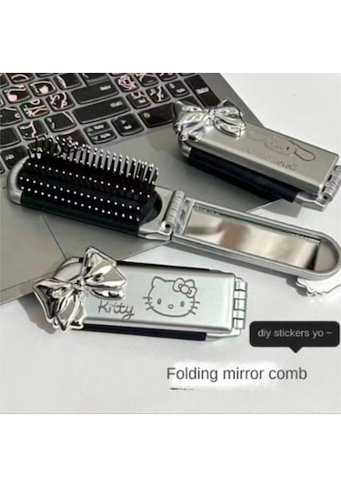 Vkemall Katılan Aynalı Portatif Katlanır Şirin Kedi Tasarımlı Çift Fonksiyonlu Saç Fırçası Diğer