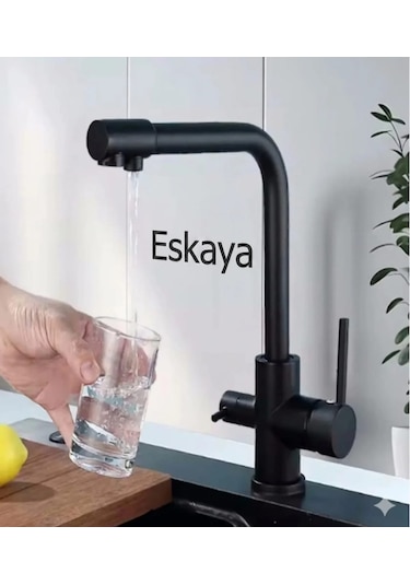 Eshome Siyah Krom Arıtmalı 3 Yollu Mutfak Eviye Batarya Muslugu
