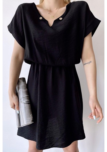 Kadın Siyah Kısa Kol, Kalp Yaka, Dokulu Desen, Bele Oturan, Aerobin Lastikli Bel Midi Elbise Siyah