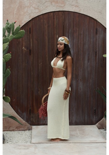 Pangestu Üçgen Sarı Crop Etek Triko Takım Sarı