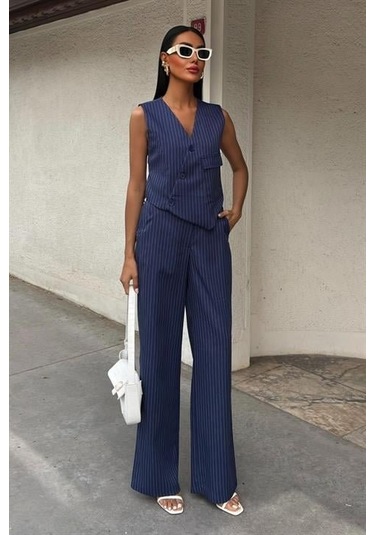 Yeleği Çapraz Detay Düğmeli Cepli Yelekli Takım 10150 Laci Vert