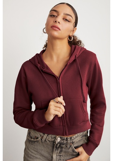 GRIMELANGE Delıa Kadın Crop İçi Polarlı Fermuarlı Organik Pamuklu Kapüsonlu Kordonlu Bordo Sweatshirt Bordo