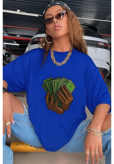 Unisex Siyah Oversize Baskılı Tshirt Saks Mavisi