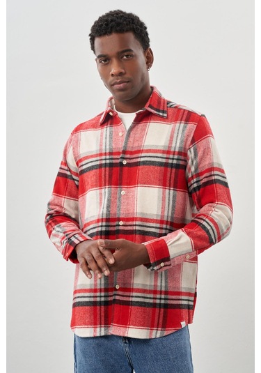 Koyu Kırmızı Yünlü Ekose Desen Yumuşak Yaka Cepsiz Uzun Kol Casual Comfort Fit Gömlek 1004245227 Koyu Kırmızı