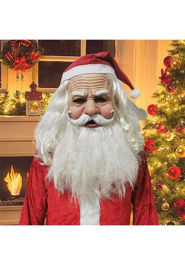 Kırmızı Noel Şapkası Ve Sakallı Lateks Gerçekçi Noel Baba Maskesi