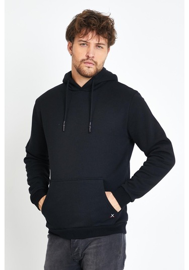 Erkek Kapüşonlu Kanguru Cep 3 İplik Sweatshirt Siyah