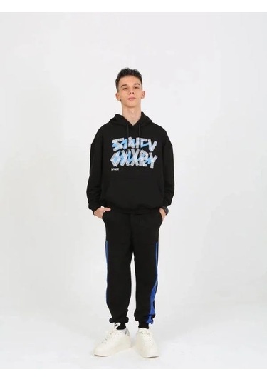 Erkek Çocuk Yazı Detaylı 2 İplik Kapüşonlu Sweatshirt-15229 Siyah