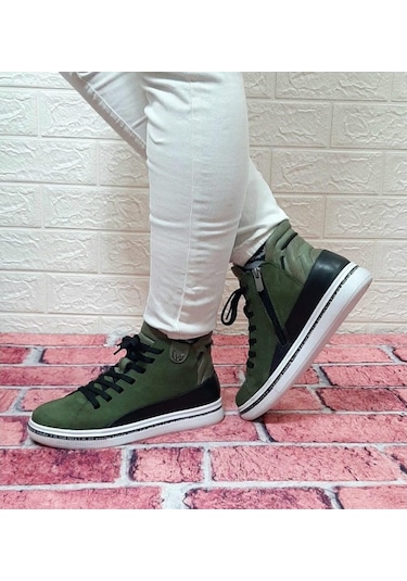 Voyager 8498 Kadın Haki Yeşil Hakiki Deri Kaymaz Taban Fermuarlı