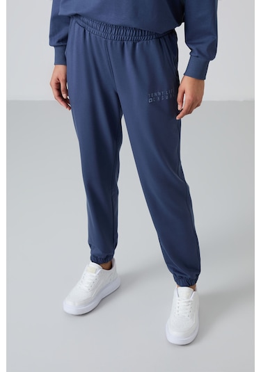 Tommy Life Petrol Basic Pamuklu O Yaka Oversize Lastik Paça Kadın Eşofman Takım - 95287 Petrol