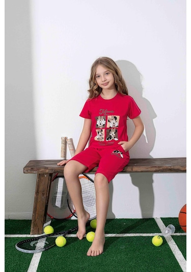 Kız Çocuk Mini Desenli Kırmızı Şortlu Pijama Takımı-1311 Kırmızı