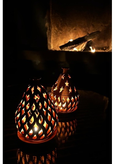 İkili Toprak El Yapımı Dekoratif Tasarım Tabaklı Mumluk Set, Deko