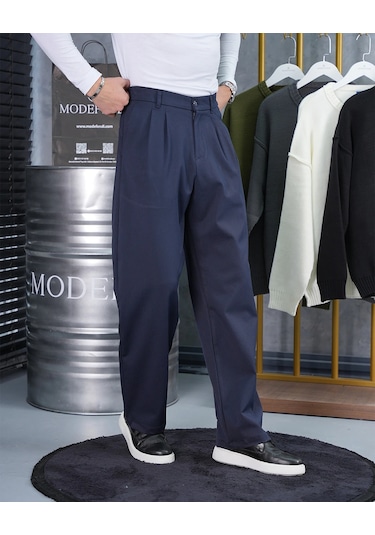 Modefendi Baggy Kesim Pile Detaylı Kumaş Pantolon Lacivert