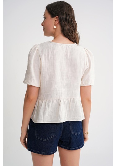 4713 Kadın Beli Büzgülü Kolu Lastikli Bol Müslin Bluz Naturel Naturel