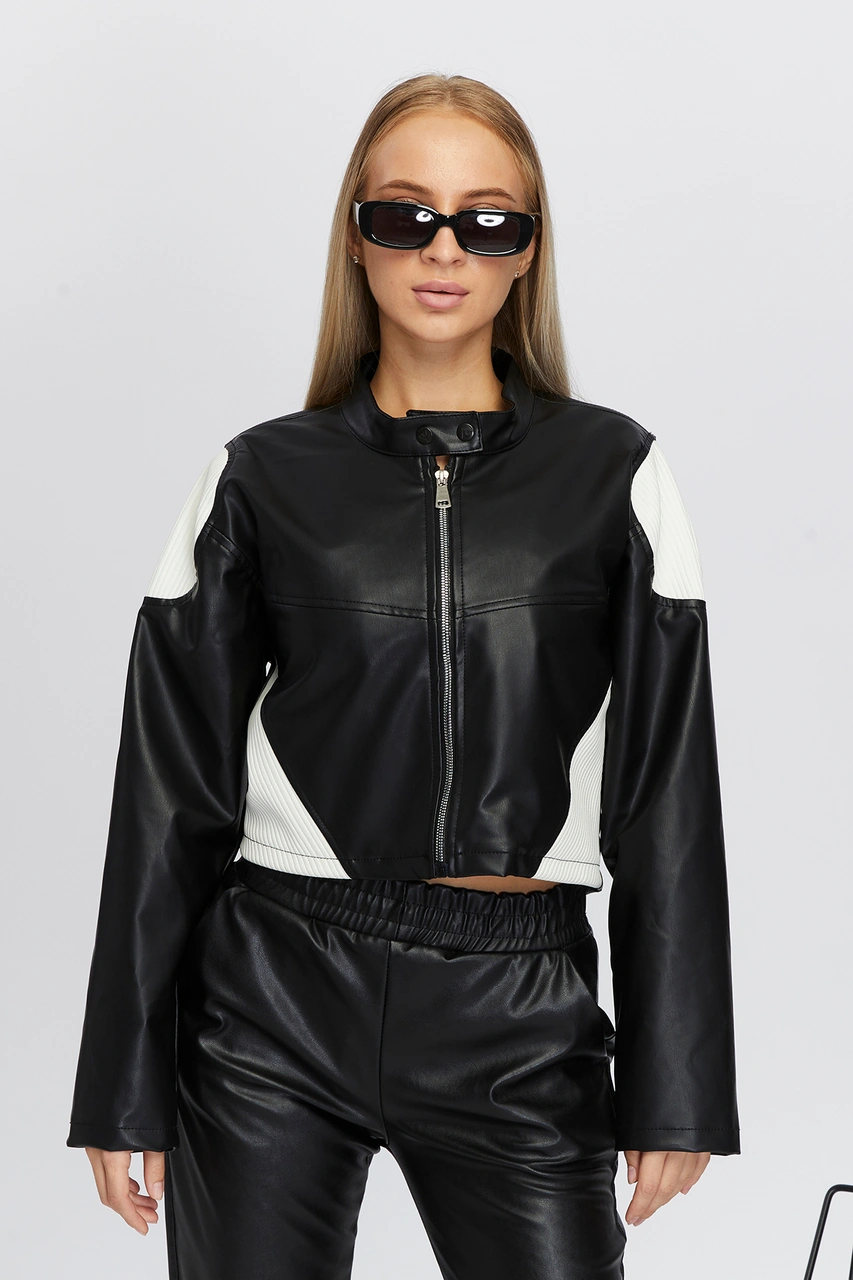 Kadın Oversize Fermuarlı Yaka Çıt Çıtlı Omuz Ve Etek Beyaz Desenli Kolej Yarışçı Ceket Motorcu Mont Siyah