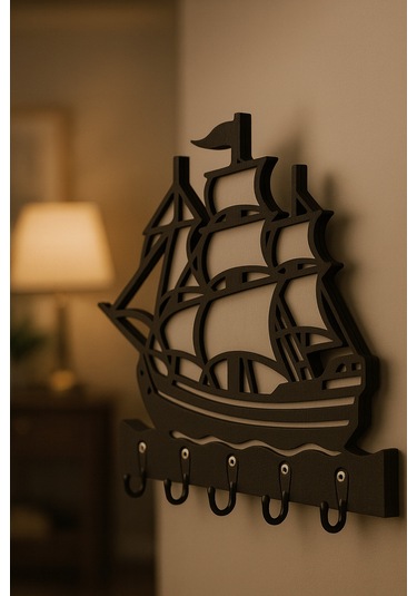 Gemi Figürlü Duvar Anahtarlık Askısı Siyah - Beyaz