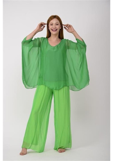 İtalyan Yarasa Kol İpek Bluz-8869 Yeşil