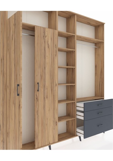 Arges Dolap 9 Raflı 3 Çekmeceli 2 Askılı 220x30x243 Çam-çam/antrasit Atlas Çam/antrasıt