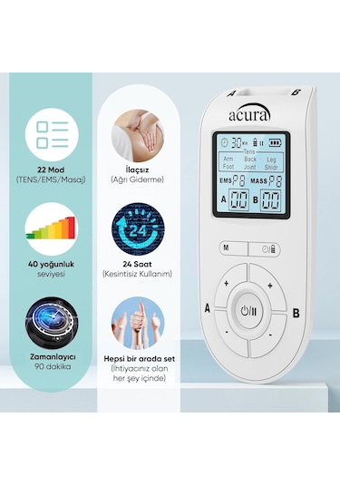 Acura Ac-933 Pro Şarj Edilebilir, Çift Kanallı 22 Programlı Profesyonel Tens Cihazı
