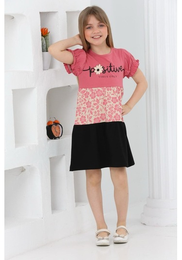 Çiçek Baskılı Kız Çocuk Yazlık Elbise-4783-gülkurusu Gülkurusu