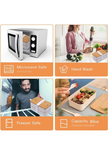 Hangfox Doğal Bambu Kapaklı Çift Katlı Microwave Uyumlu Çalışan/öğrenci Bento Kutusu - Sağlıklı Yemek Taşıma Kutusu Isı Saklama Çantası Dahil Beyaz