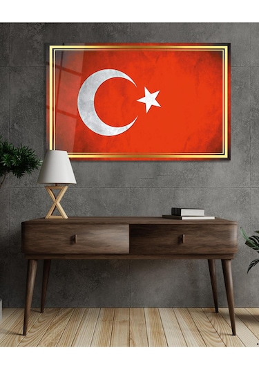 Bayrak Cam Tablo Modern Ofis Makam Odası Hediyelik Büyük Tablo Duvar Dekoru