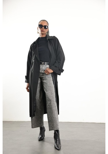 Siyah Kuşaklı Kruvaze Palto Siyah