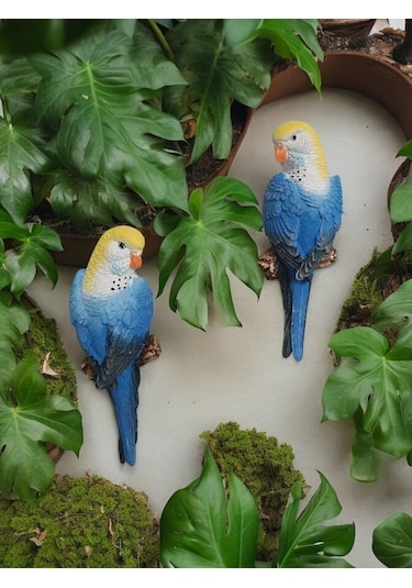 2 Adet Mavi El Boyaması Muhabbet Kuşu Duvar Balkon Bahçe Süsü
