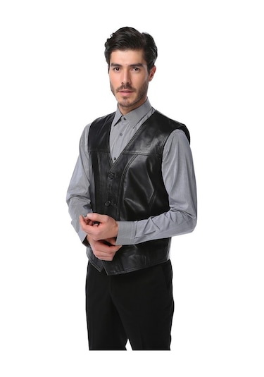 Dericlub 2145 Gerçek Deri Erkek Yelek Siyah