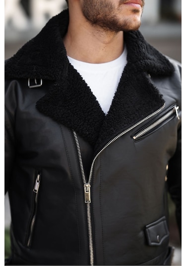 Erkek Napa Deri Çapraz Fermuarlı İçi Full Kürklü Yüksek Kalite Slim Fit Siyah Mont & Ceket Siyah