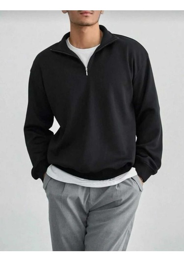 Oneoctobeer Unisex Yarım Fermuarlı Yakalı Siyah Sweatshırt Kazak SIYAH