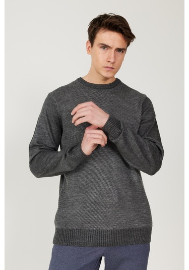 AC&Co / Altınyıldız Classics Erkek Antrasıt Grı Melanj Standart Fit Normal Kesim Bisiklet Yaka Petek Desenli Triko Gri