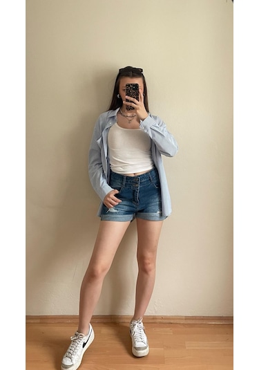 Pass&pass 2060 Kadın Lazerli Duble Paça Jeans Denim Kot Şort Mavi