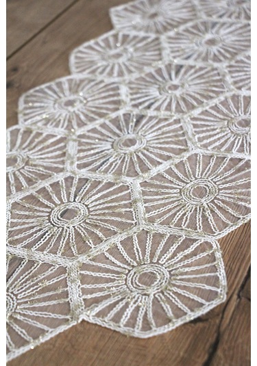 Simli Dantel Kordon Örme Detay Masa Runner Fiskos Örtüsü 100x35 Cm 2004-altıgen 001