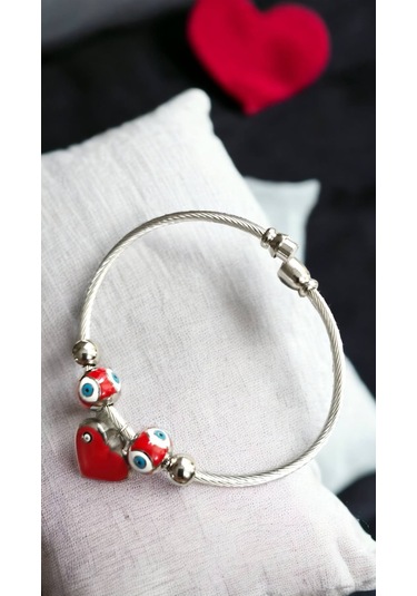 Bayan Çelik Kalp Nazar Boncuklu Gümüş Renk Kararmaz Mıknatıslı Kadın Bileklik Çelik