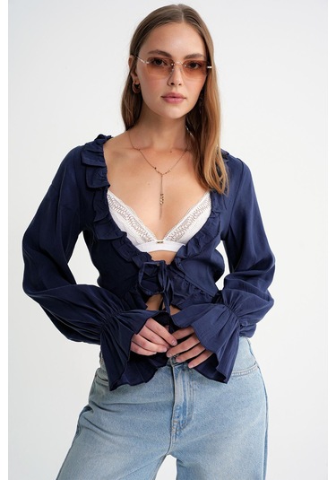 4712 Kadın Volanlı Modal Bolero Bluz Lacivert Lacivert