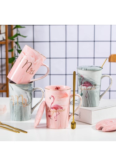 Tenfowee Ev Kullanıma Uygun Nikah/yıl Dönümü Hediyesi 2'li Seri: Siyah Ve Pembe Harf Desenli Seramik Bardak, Kapak Ve Kaşık İçeren Sürekli Kullanılabilir Set Gri