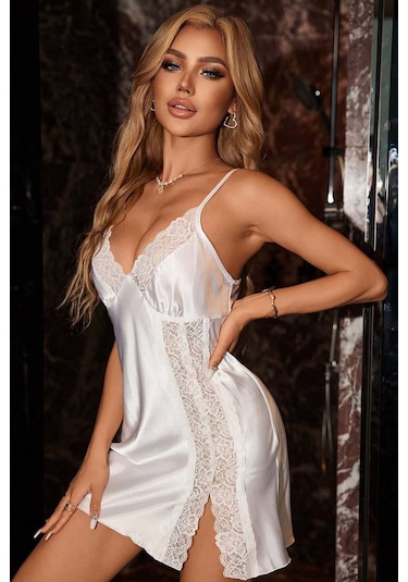 Merry See Dantelli Şık Yırtmaçlı Saten Gecelik Beyaz