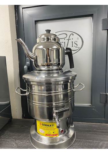 Zarif İş Elektrikli Semaver 70 Bardaklık İdeal Boy Çelik Demlik İçerisinde Gümüş