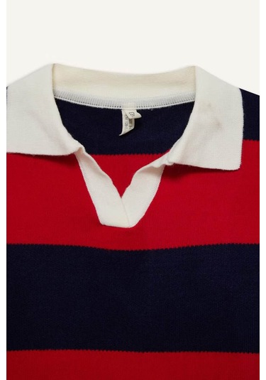 Defacto Polo Yaka Renk Bloklu Triko Lacivert Kız Çocuk Kazak F2622a8/nv42 Lacivert