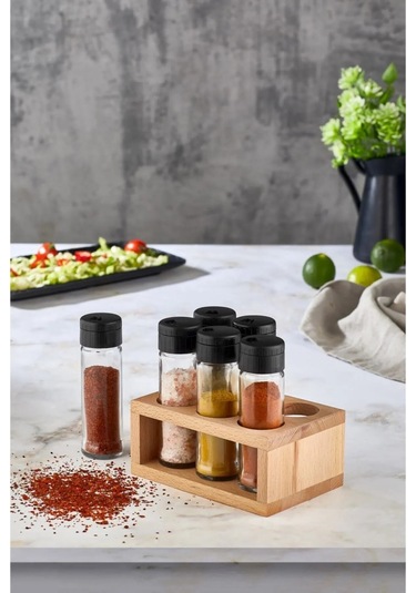 Ahşap Standlı 6'lı Cam Baharatlık Seti - Tuzluk Biberlik Baharatlık Şeffaf