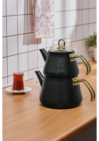 Yunusoğlu Home Siyah Granit Kaplama Cam Kapaklı Gold Kulplu Çaydanlık Siyah