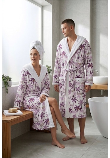 Tropical Breeze Pamuklu Desenli Kapüşonlu Bornoz Pembe - Mor Palmiye