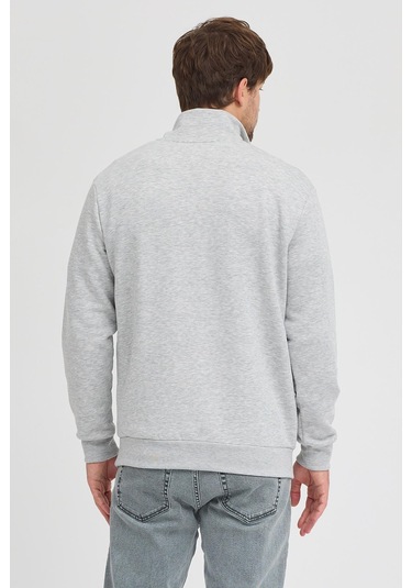 Unisex Regular Fit Rahat Kesim Pamuklu Içi Polarlı Yarım Fermuarlı Gri Dik Yaka Sweatshirt Gri