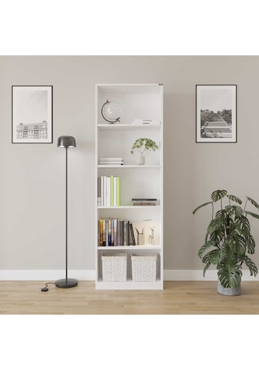 Modern 5 Raflı Kitaplık - Beyaz 64x182x26 Cm Beyaz