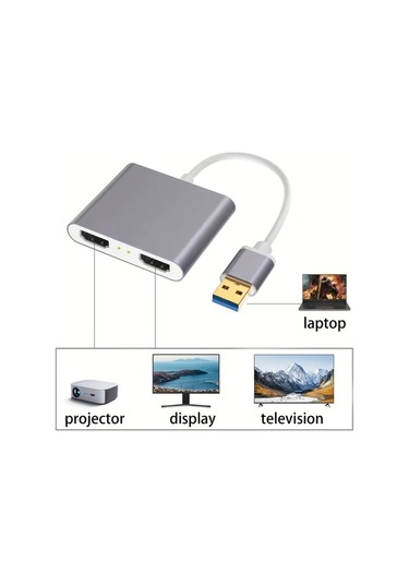 Boatshop1 Gri Usb3.0 Çift Hdtv Video Adaptörü Bilgisayar Laptop Ve Projektör İçin Çift Ekran 1080p 60hz 12.5cm Kablo