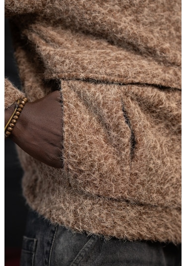 Oversize Crop Model Yan Cepli Astarlı Kırçıllı Mont Kahverengi