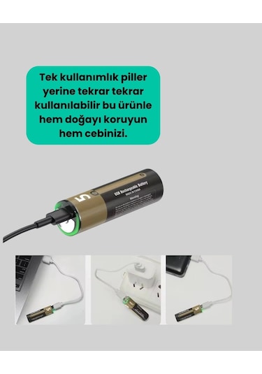 Usb Type-c Girişli Şarjlı Aa Lityum Pil 1.5v Sabit Çıkış 3200mwh 2'li Paket