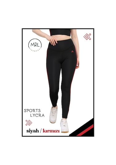 Kadın Yüksek Bel Toparlayıcı Spor Tayt Siyah / Kırmızı Şerit Detaylı Lycralı Dalgıç 1041 Siyah Kırmızı