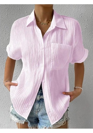 Kadın Cep Gömleği Düz Renk Günlük Yaka Gömleği Dikey Çizgili Üst Pembe